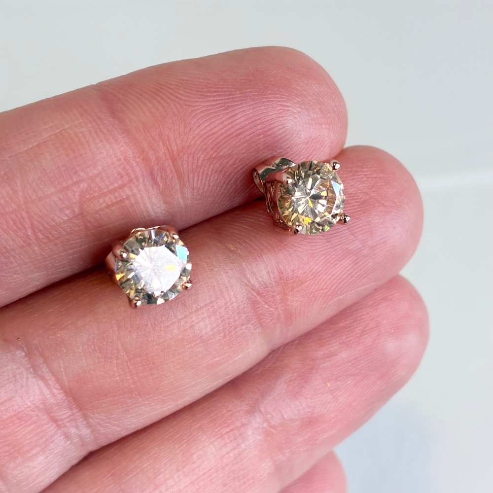Round Champagne Stud Earrings Rose Gold Tone 7mm Brilliant Cut